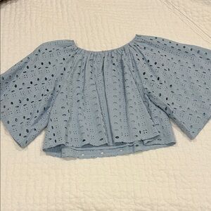 Light Blue Eyelet Off-Shoulder Crop Top